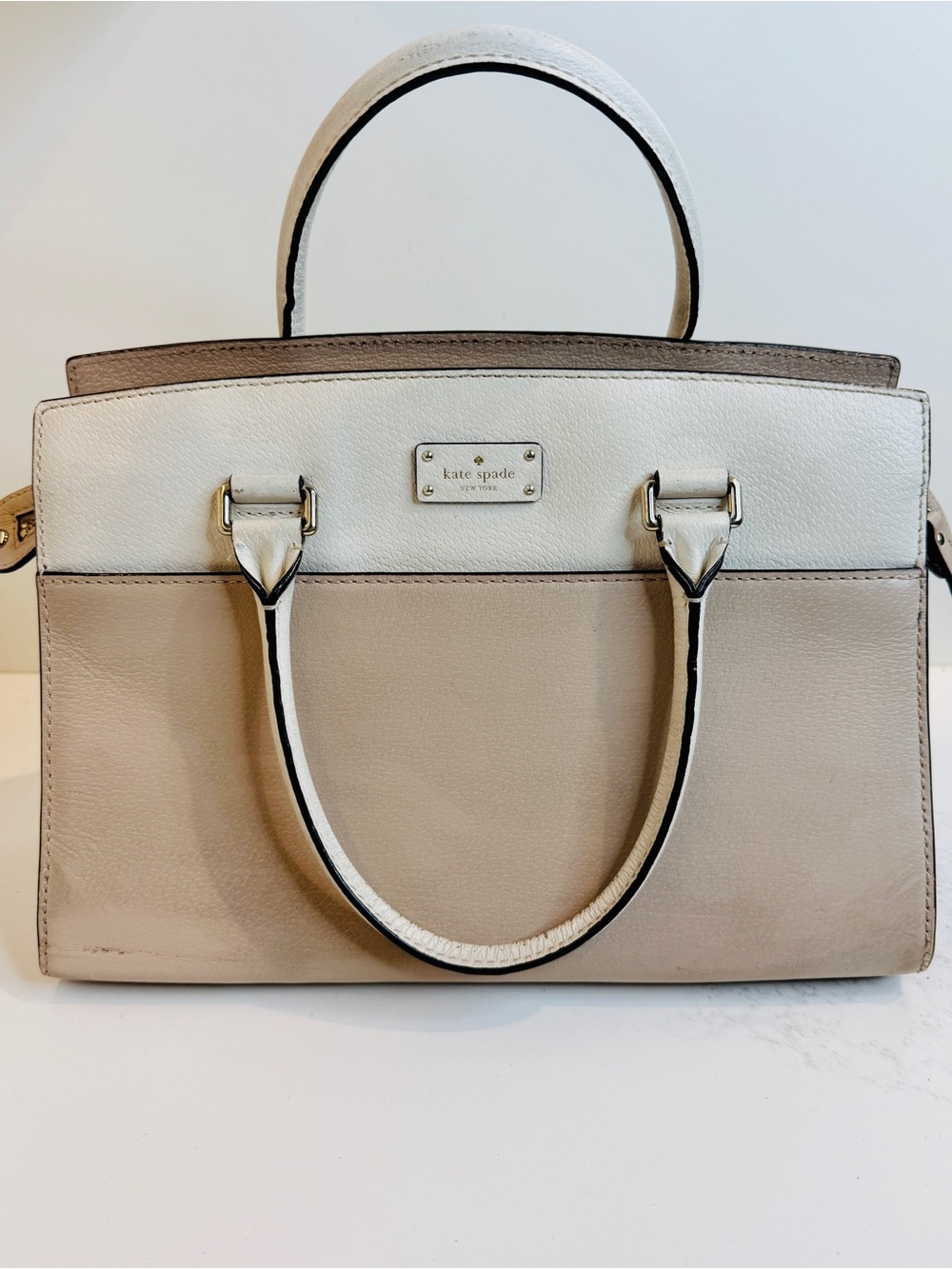 Kate Spade Two-Tone Cream and Pink/Beige Leather Satchel with Top Handles